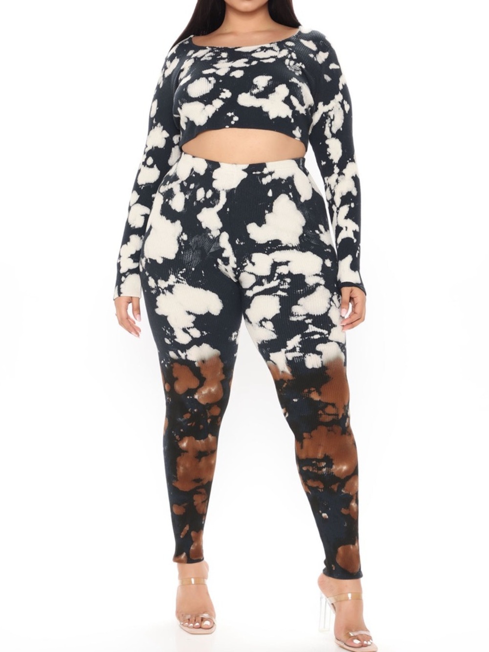 Tie-Dye Cozy Ribbed Two-Piece Set - Black, White & Brown